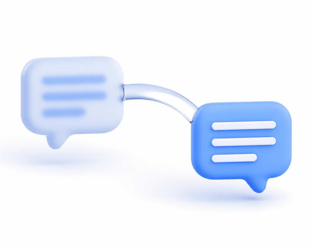 Two soft blue speech bubbles, one blurred and one clear, joined by a gentle arc